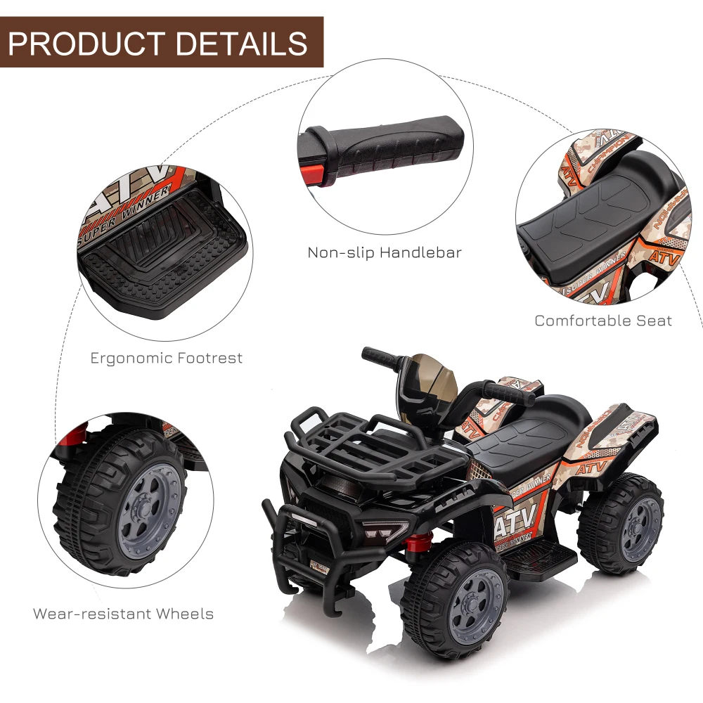 ATV empat roda untuk anak-anak, mobil bermotor Quad, baterai 6V bertenaga listrik Quad dengan lagu untuk 18-36 bulan, HITAM