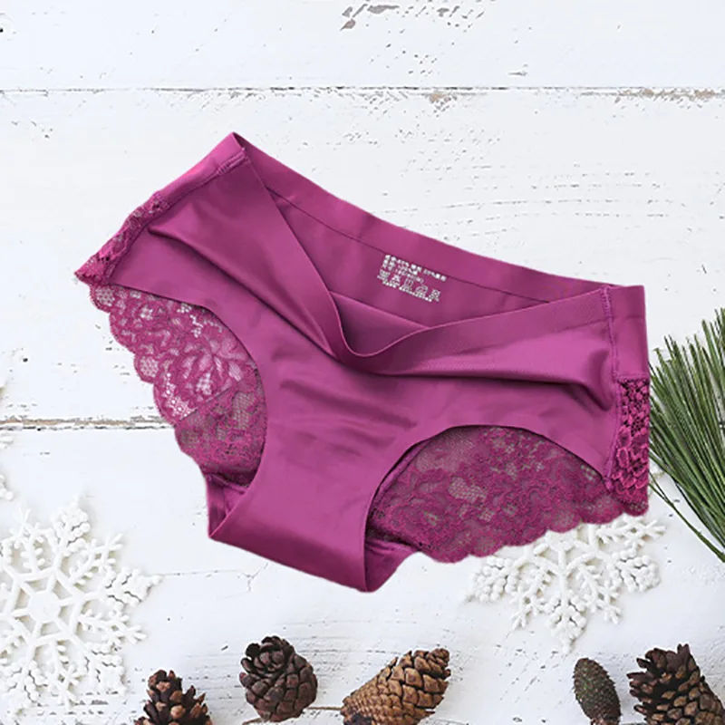 2 Articles Ice Silk Panties Female Mid-waist Non-marking Lace Cotton Crotch Skin-friendly Large Size Breathable Ultra-thin Young