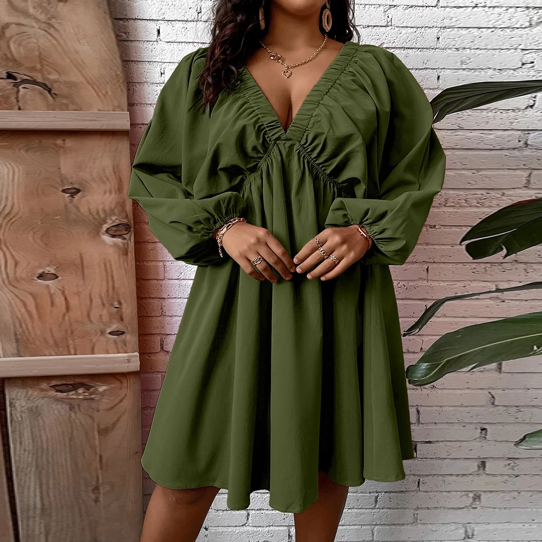 MuGen Plus Size Loose Dress Casual Long Sleeves Solid Color Dresses V-Neck Women's Clothing 2024 New Fashion Over Size Dress