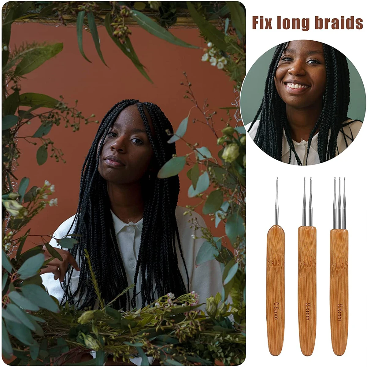 5Pcs Dreadlock Crochet Hook Wood Crochet Needles Hair Dreadlocks Tool DIY Braid Hair Weaving Tool for Braid Craft