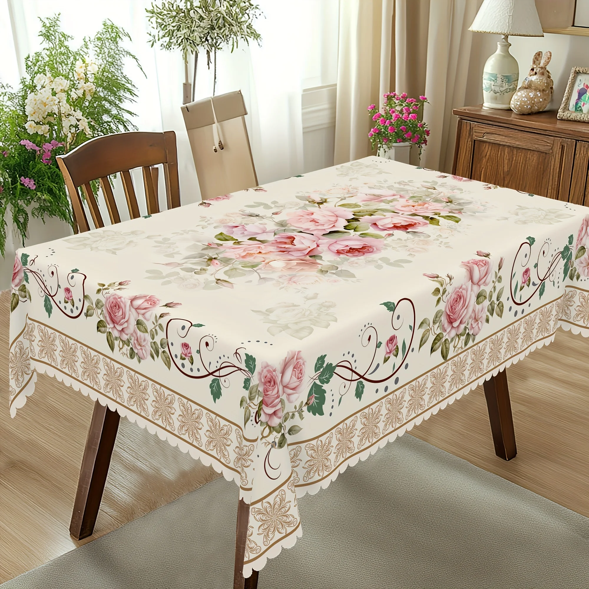 Luxury Rose Floral Tablecloth Polyester Table Linen Rectangular Dining Room Decor Vintage Summer Shabby Chic Table Cover