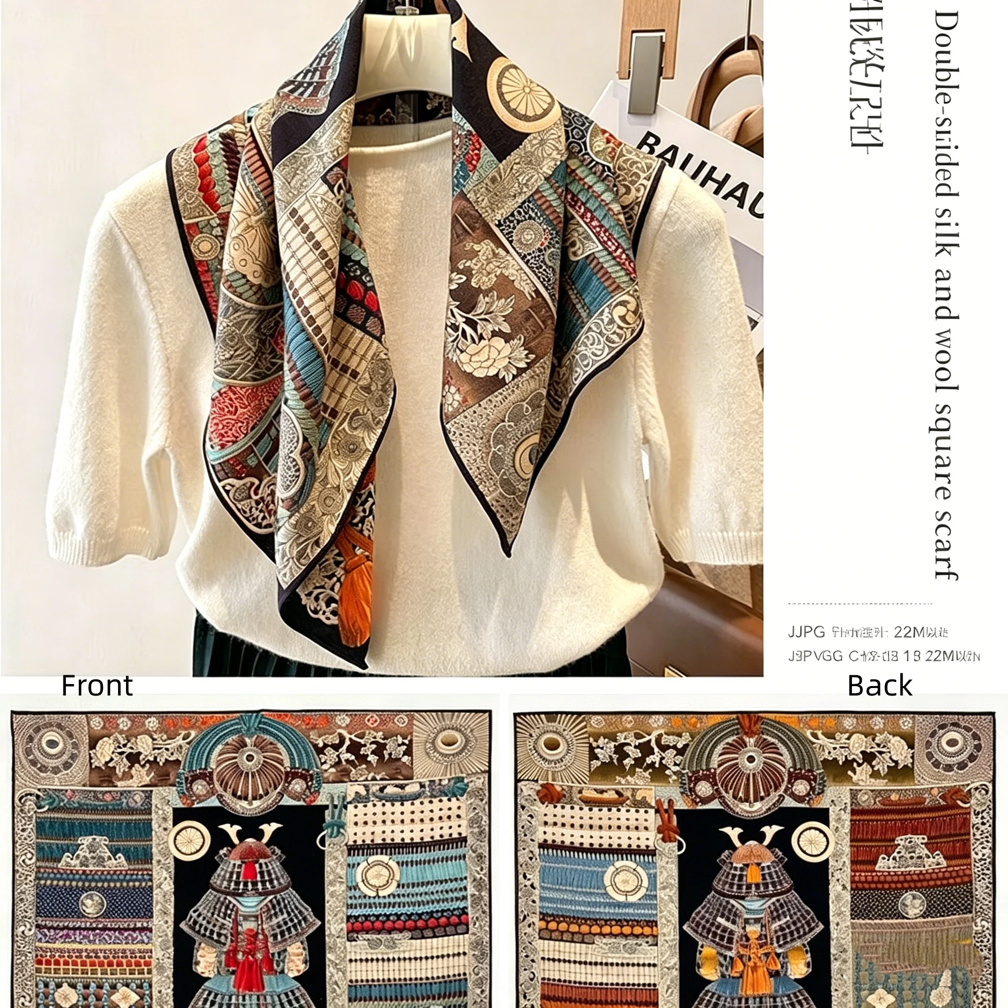 

65cm Silk Wool Blend Square Scarf Women Double Sided Multi-Color Lightweight Scarves for Spring Summer Daily Wear