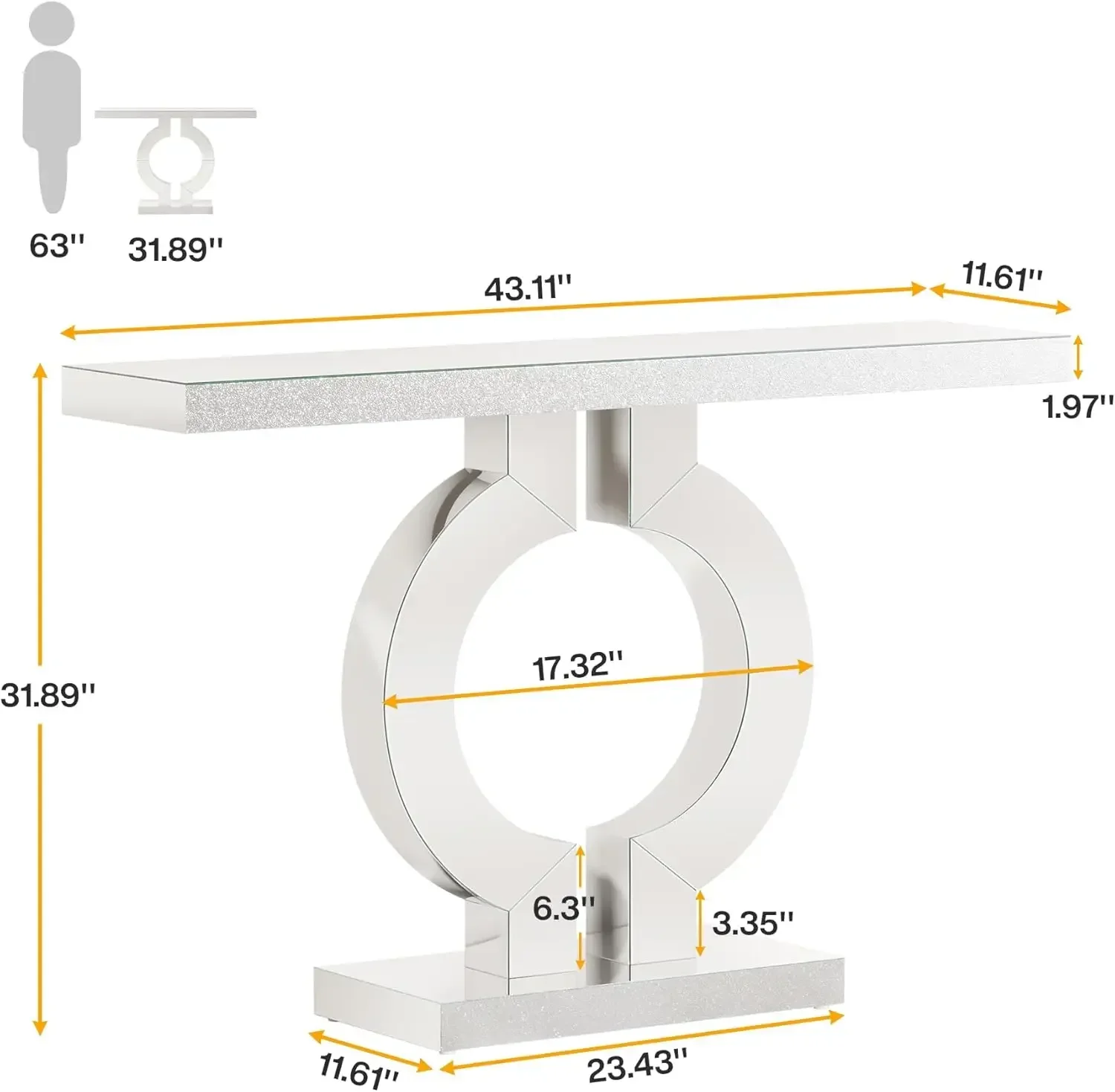 Mirrored Console Table with O-Shaped Base Modern Silver Entryway Table Glass Sofa with Mirror Finish Rectangle Narrow