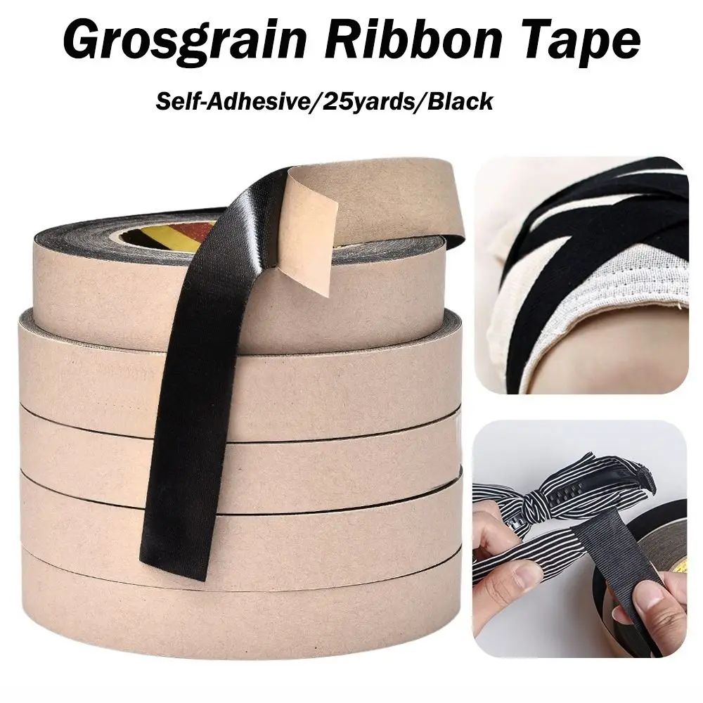 25yards Self-Adhesive Grosgrain Ribbon Tape Black Headband Sticky Strips Hairbands Tips End Thread Tape DIY Sewing Gift Package
