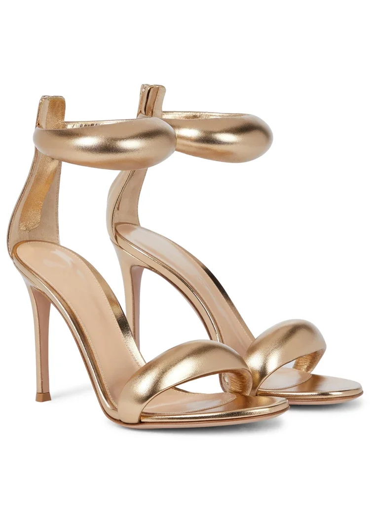 Sandálias de couro genuíno ouro Open Toe para mulheres, salto alto, salto fino, 1 linha, moda 3D, verão, novo