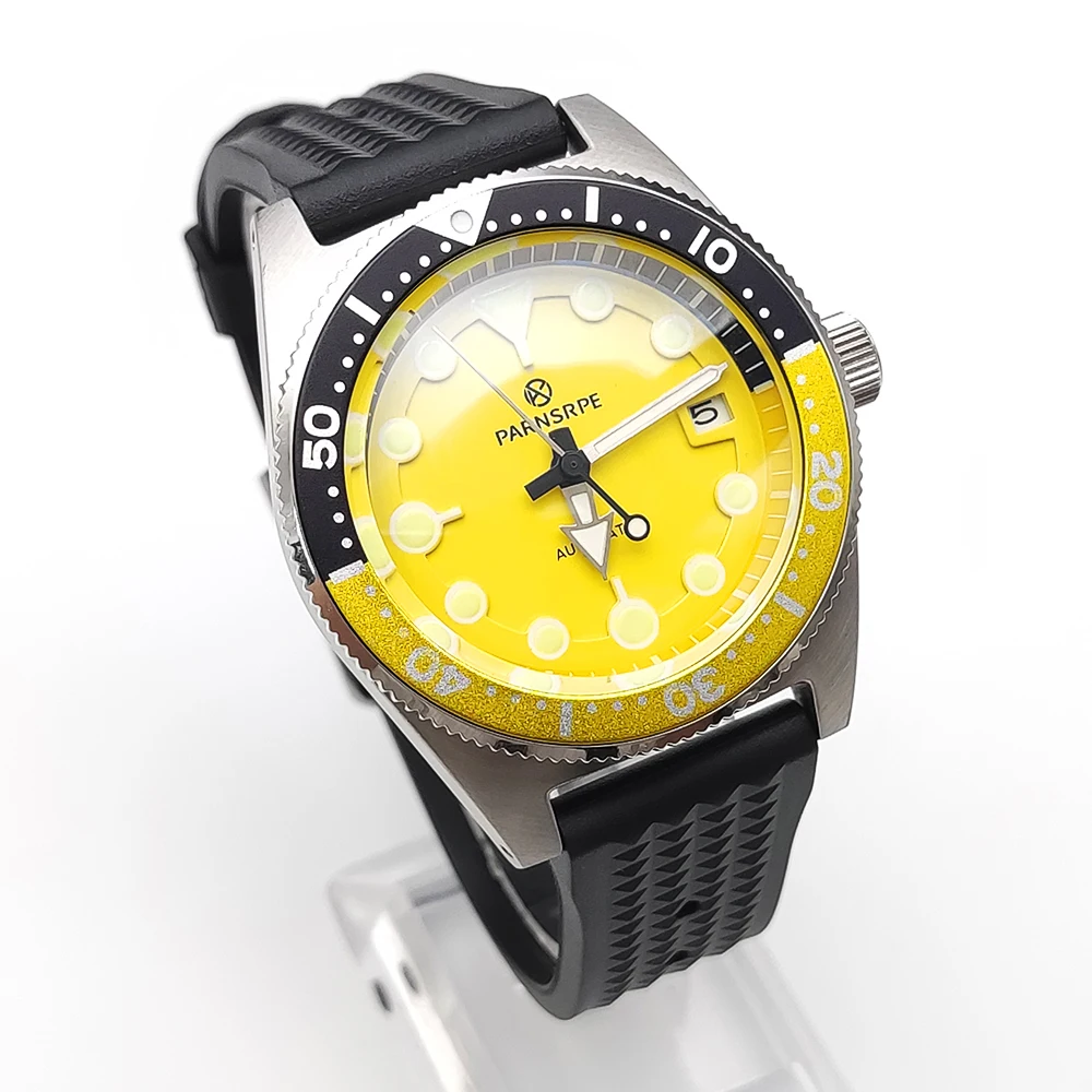 PARNSRPE Luxury Men\'s Watch 40mm Sapphire Glass Yellow Themed Automatic Mechanical Watch Japan NH35A with Luminous Aseptic Dial