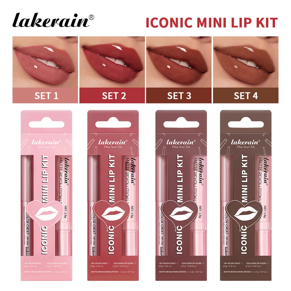 3pcs Lip Makeup Set Lip Liner Lip Gloss Lipstick Mirror Effect Beep Lips High Color Long-Lasting Hydrates Travel Mini Set