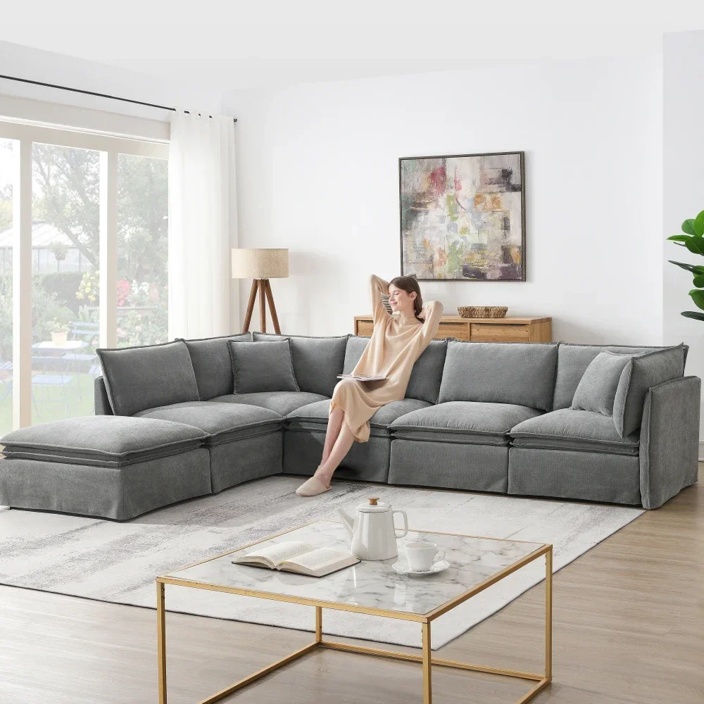 

125.5'' Modular Sectional Sofa with Movable Ottoman, 6-seat L Pholstered Indoor Furniture, Wide Seat, Oversized Chenille Sofas