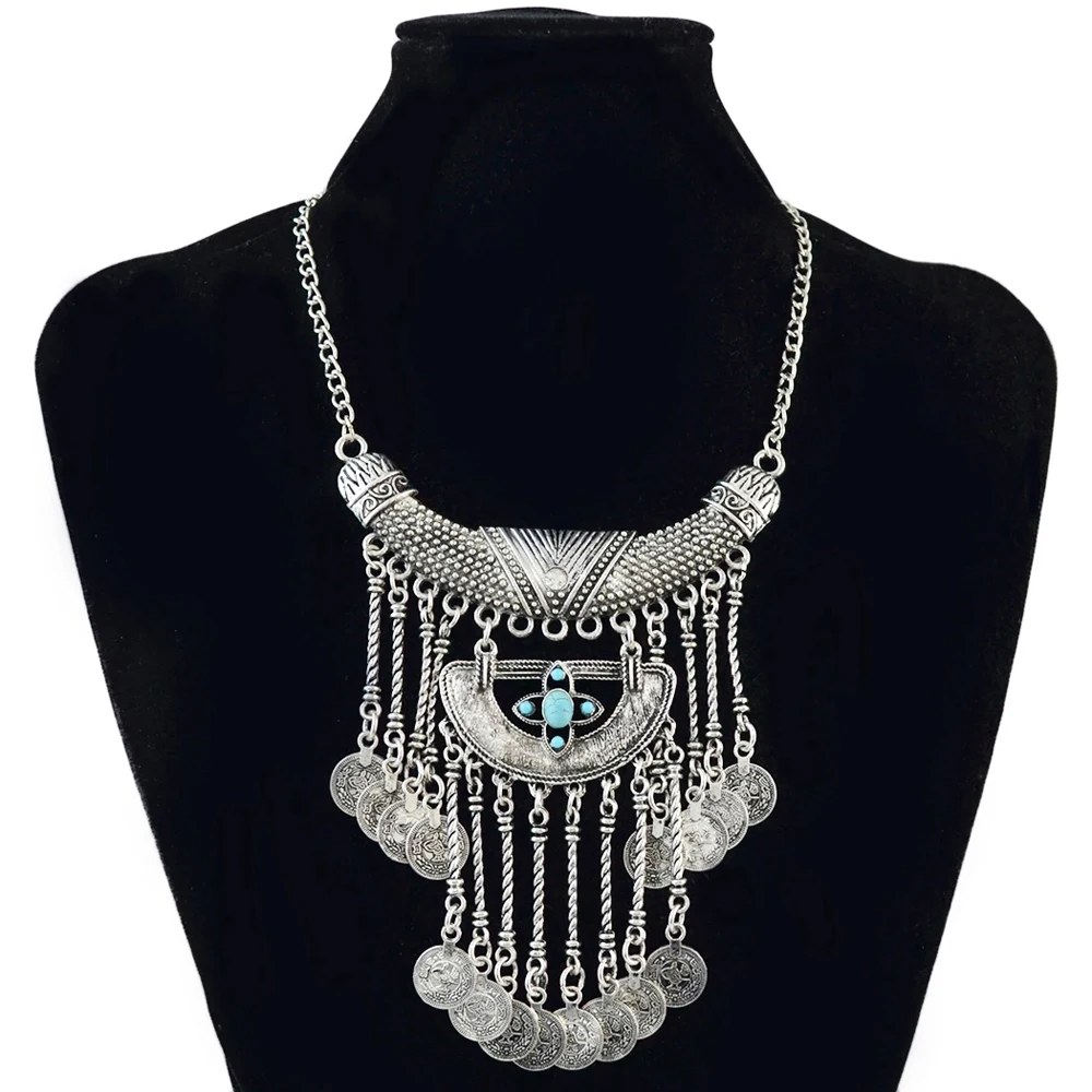 Vintage Silvery Coins Tassel Moon Pendant Necklace Earrings for Women Afghanistan Gypsy Pakistan Ethnic Clothing Jewelry Sets