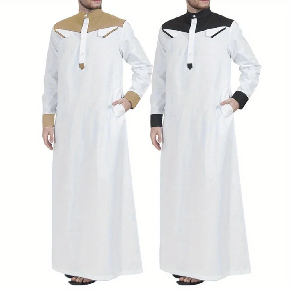 Breathable Color Block Muslim Long Dress for Men Comfortable Loungewear with Relaxed Fit