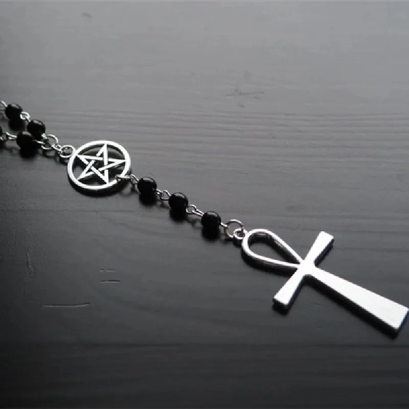 Ankh and Pentagram Rosary Necklace Wicca Pagan Rosary Black Crystal Beads Charm Jewelry for Women Gift Fashion Simple Jewellery
