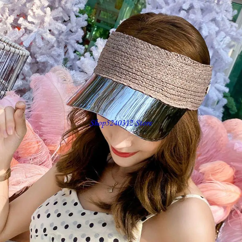 634C Women Summer Empty Top Straw Baseball Cap Hologram Transparent Panel UV for Protection Adjustable Beach for Sun Visor Ha