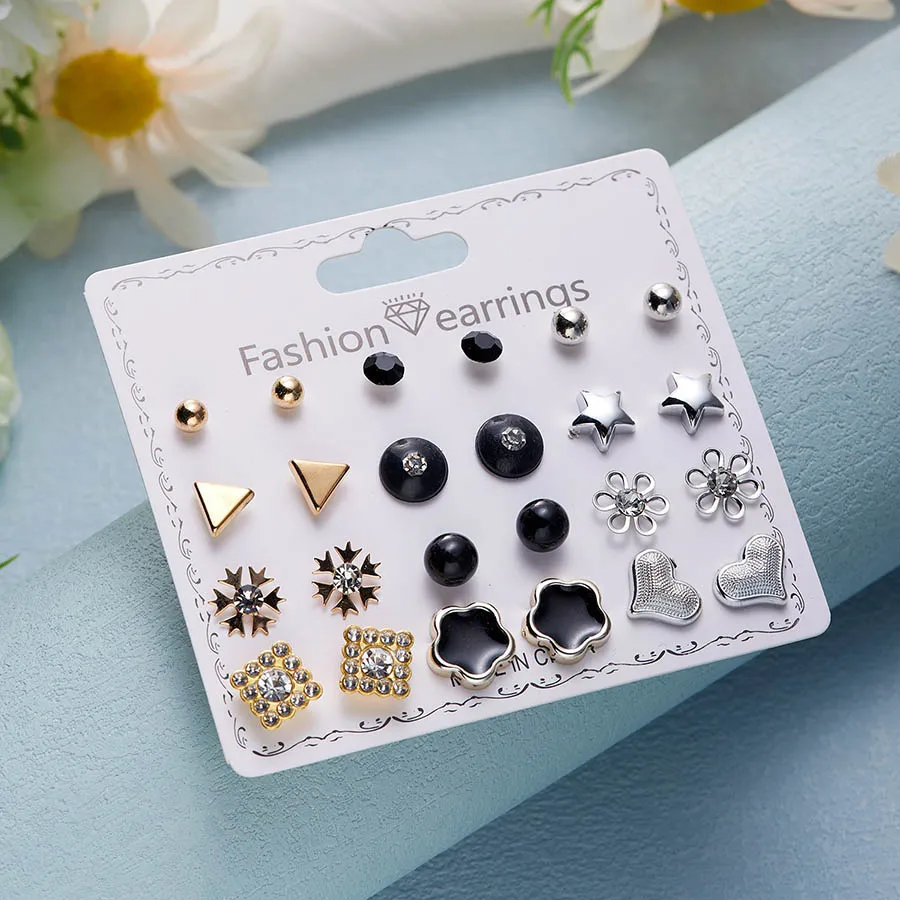 Economic 12Pairs/Pack Premium Woman Earrings Banquet Metal Ear Stud Accessories Female Friendship Daily Gift Ear Jewelry Trinket