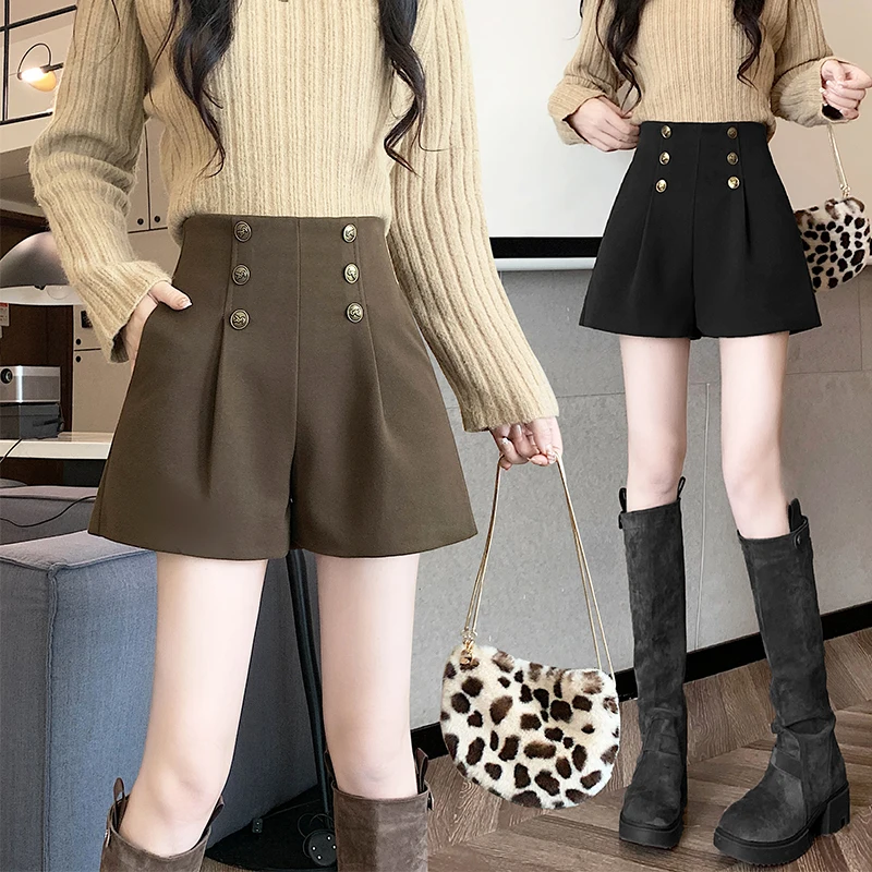 

2023 Autumn and Winter New Korean Edition Woolen Shorts Women's High Waist Fashion Casual Wide Leg Pants Retro Outwear