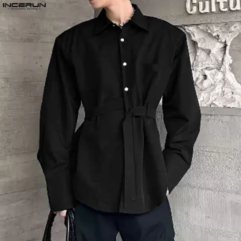

INCERUN Мужская рубашка сплошной цвет с лацканами и длинными рукавами на пуговицах уличная мужская одежда с карманами свободные модные повседневные мужские рубашки S-5XL