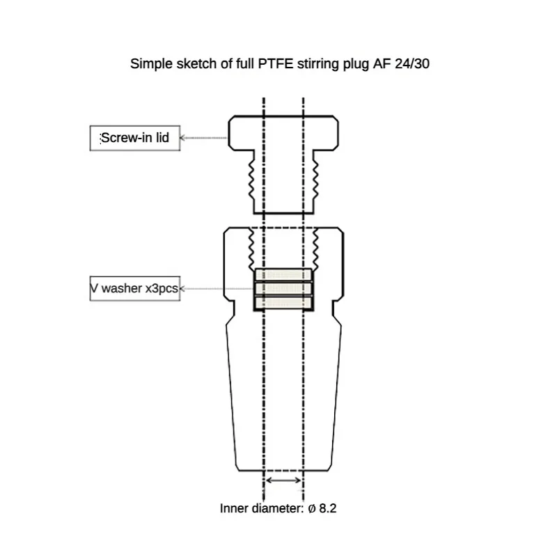 PTFE Stirring Plug (for Decompression) Main Body・V-type Packing, STIRRER SEAL, Shaft Diameter: Φ8mm