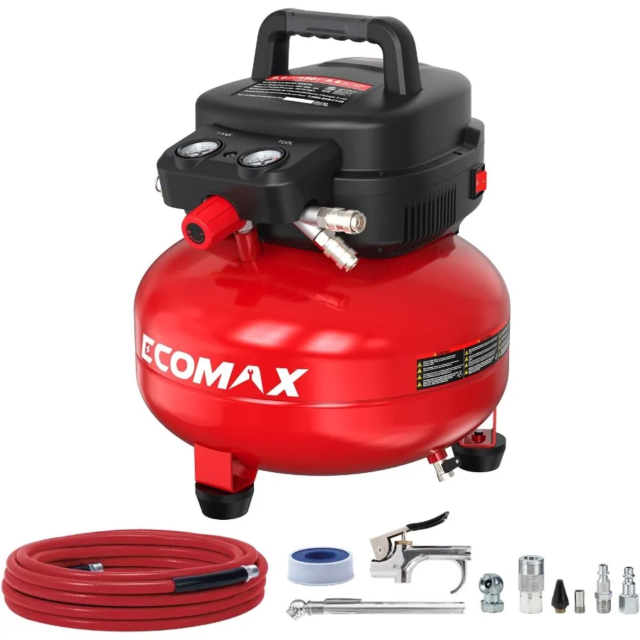 ضاغط هواء محمول 6 جالون 150 رطل لكل بوصة مربعة خزان فطيرة خالية من الزيت مع 10 قطعة مجموعة ملحقات لمشاريع DIY تضخيم آلام الإطارات