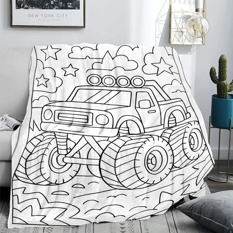 1pc Cartoon Monster Truck Coloring Flannel Blanket. Healing Hand-Drawn Print Soft Skin-Friendly All-Season Fabric. for Sofa Offi