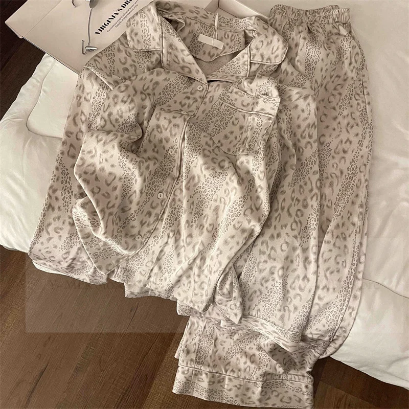 

Sexy Leopard Pajamas Set Lady Home Clothes Ice Silk Sleepwear Loungewear Autumn Spring Nightwear Pijama Mujer Pyjamas Femme