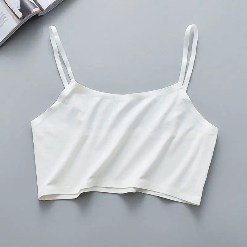 Women Girls Summer Ice Silk Crop Top Spaghetti Strap Seamless Bralette Solid Color Wire Free No Padded Basic Stretch Camisole