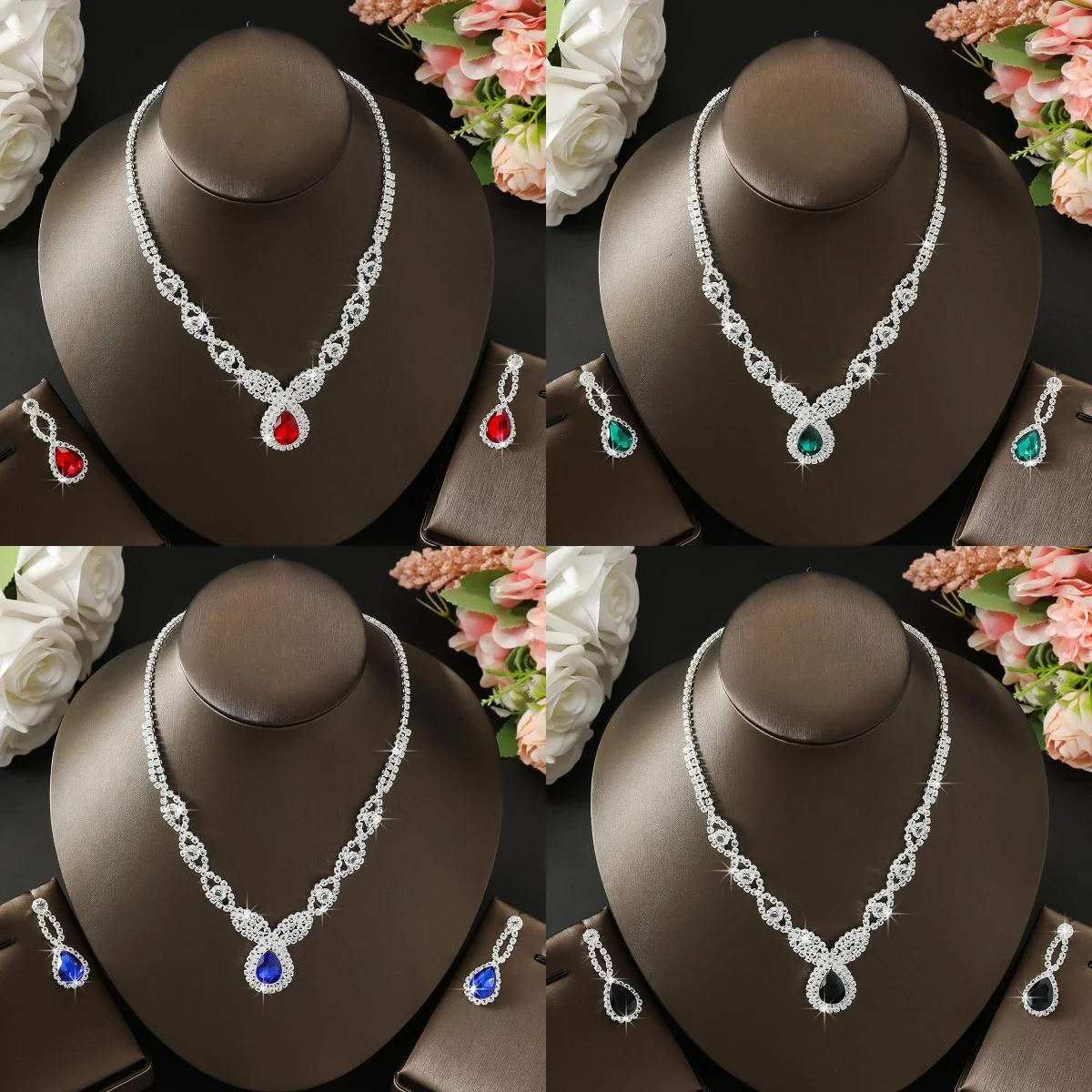 Royal Style Water Droplet Colorful Treasure Necklace Earring Set for Formal Occasions, High-End Wedding Banquet Accessories