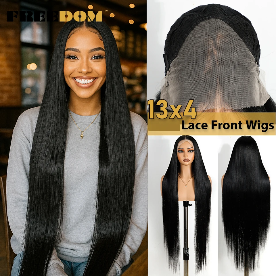 

FREEDOM Long Straight Synthetic Lace Front Wigs For Women 38 Inch Soft 13X4 Free Part Black Hair Lace Frontal Wig Pre Plucked