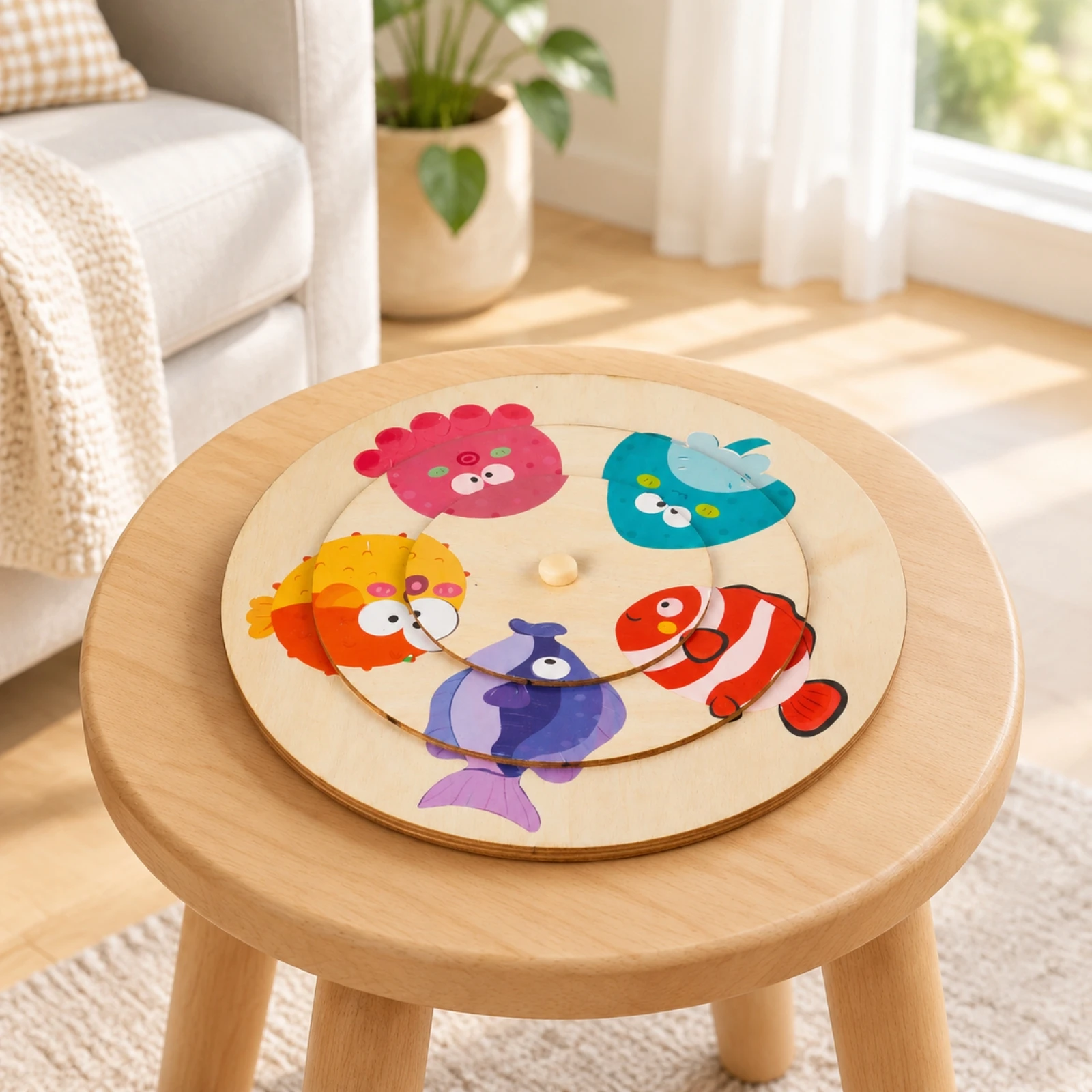 Round Wooden Puzzle with Concentric Layers Screenwithout-Screen Rotating Matching Puzzle Toy Developmental Colorful