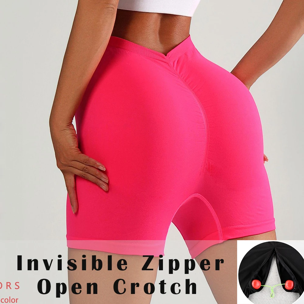 

Invisible Zipper Open Crotch Summer Deep V Sexy Shorts Women Fitness Sports High Waist Bottoms