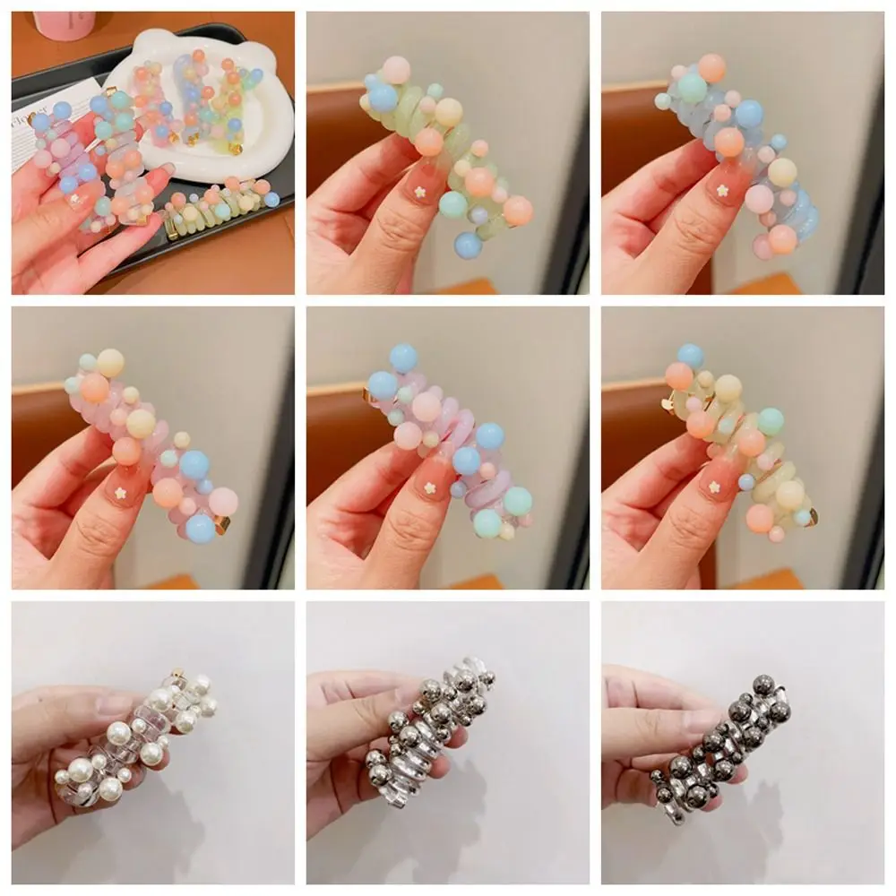 

Beads Telephone Line Hair Rope Elastic Straight Transparent Ponytail Holder Rubber Band Korean Style Pearl Hair Ring Daily