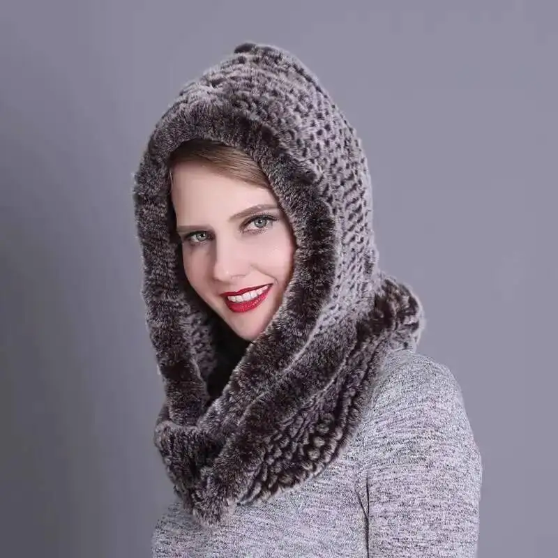 

Real Rex Rabbit Fur Hat Winter warm Hooded Scarf Hats For Women Neck Scarves Lady Furry Fur Caps thick Beanie Russians Warm Caps