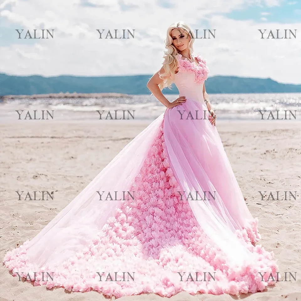 

YALIN Exquisite Off The Shouder Quinceanera Dresses Sweep Train 3D Flowers Applique Ball Gowns Pink Tulle Prom Dress 2022