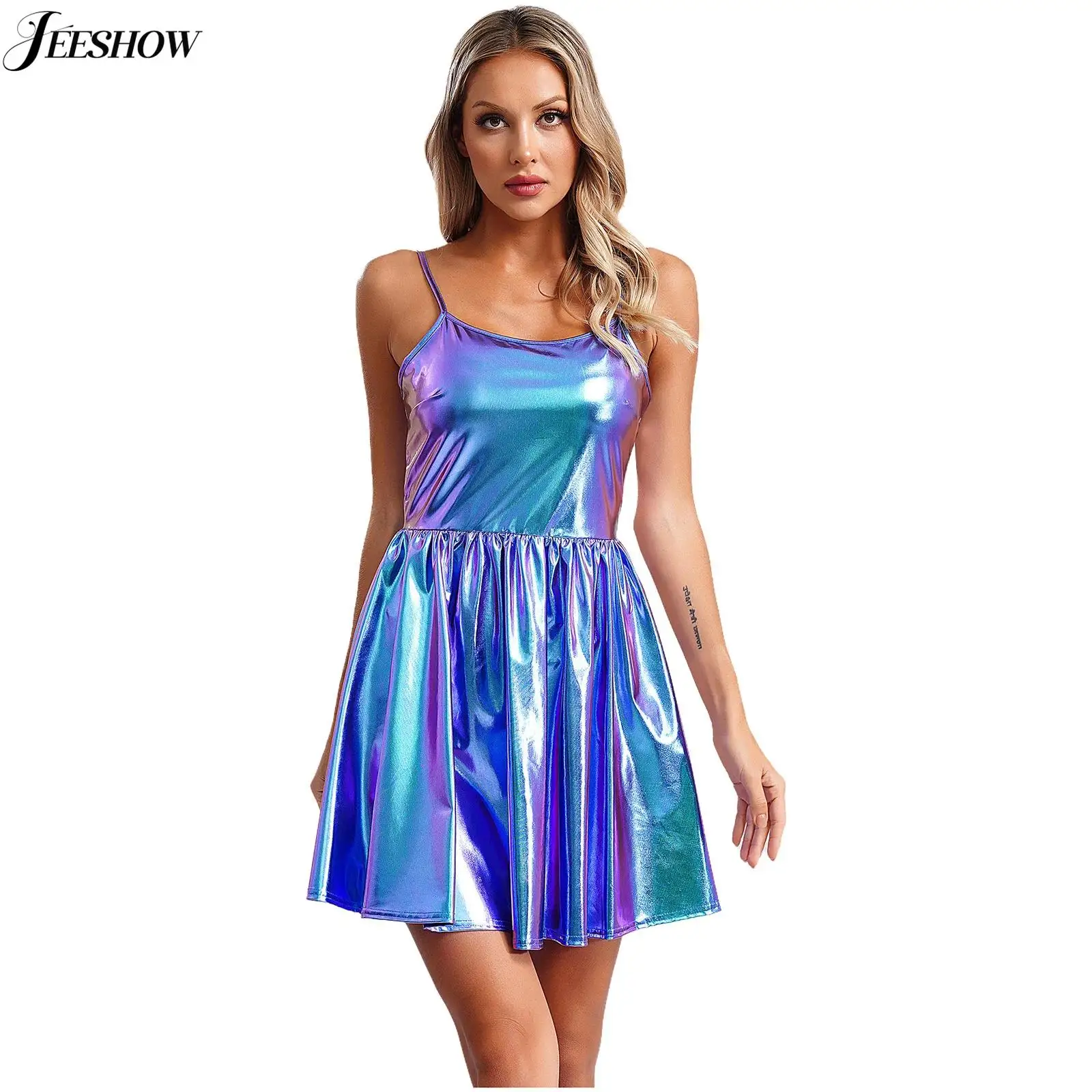 Womens Shiny Metallic Spaghetti Strap Party Dress Sleeveless High Waist A-line Short Dress Wet Look Faux Leather Club Cami Dress