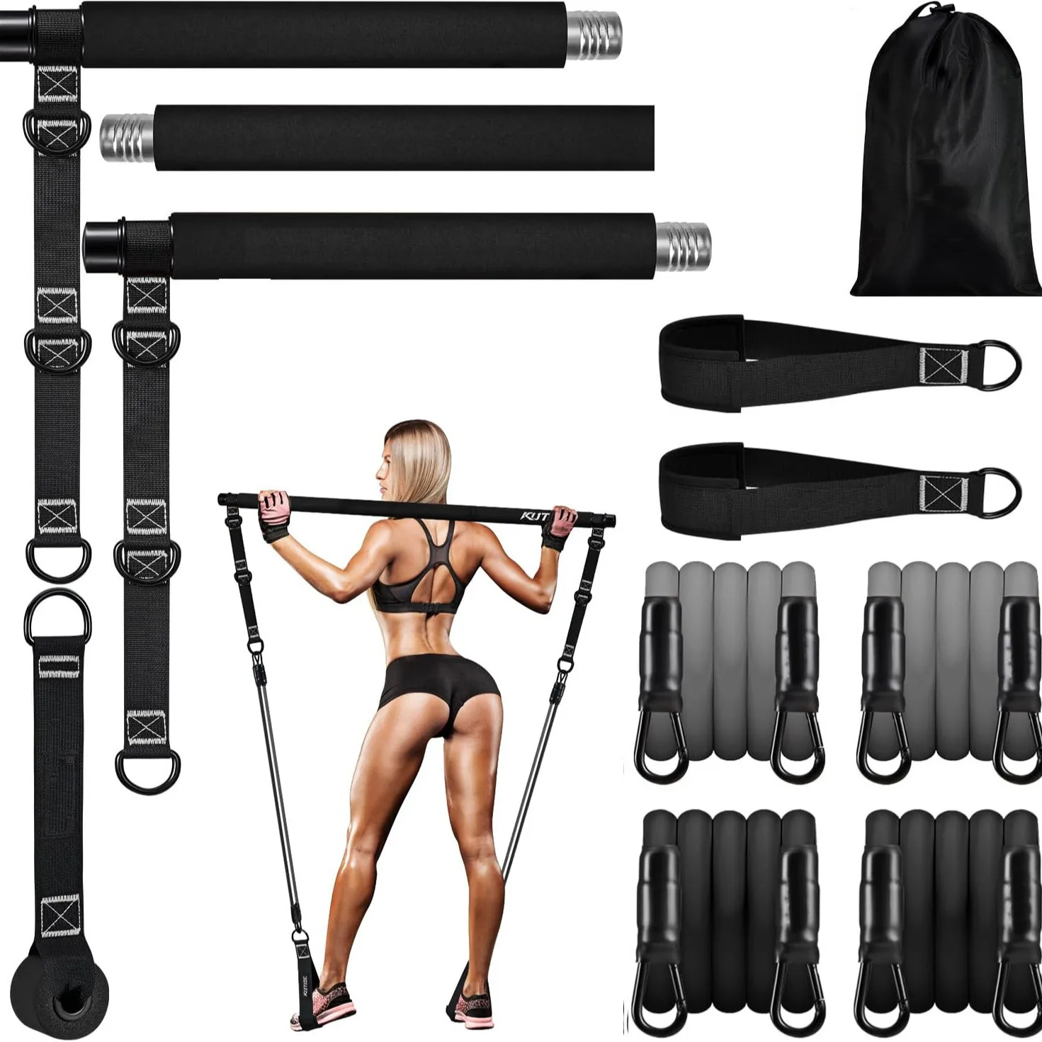 

Women And Men With Workout Pilates Bar Kit Yoga Fitness Bars Multifunctional 3-Stage Pilates Set Stretch Stretch Rope