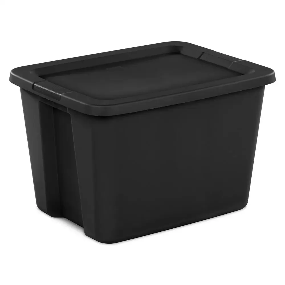 Black Plastic Tote Box Set of 8 18 Gallon Stackable Organizer Handles Secure Snap Lid Efficient Storage Solution Textured Grip