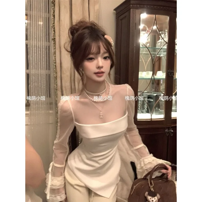 

Autumn Korean Fashion New Irregularly Design Women's Tops Mesh Splicing Lace Long-sleeved T-shirt Chic Slimming Elegant Outfits
