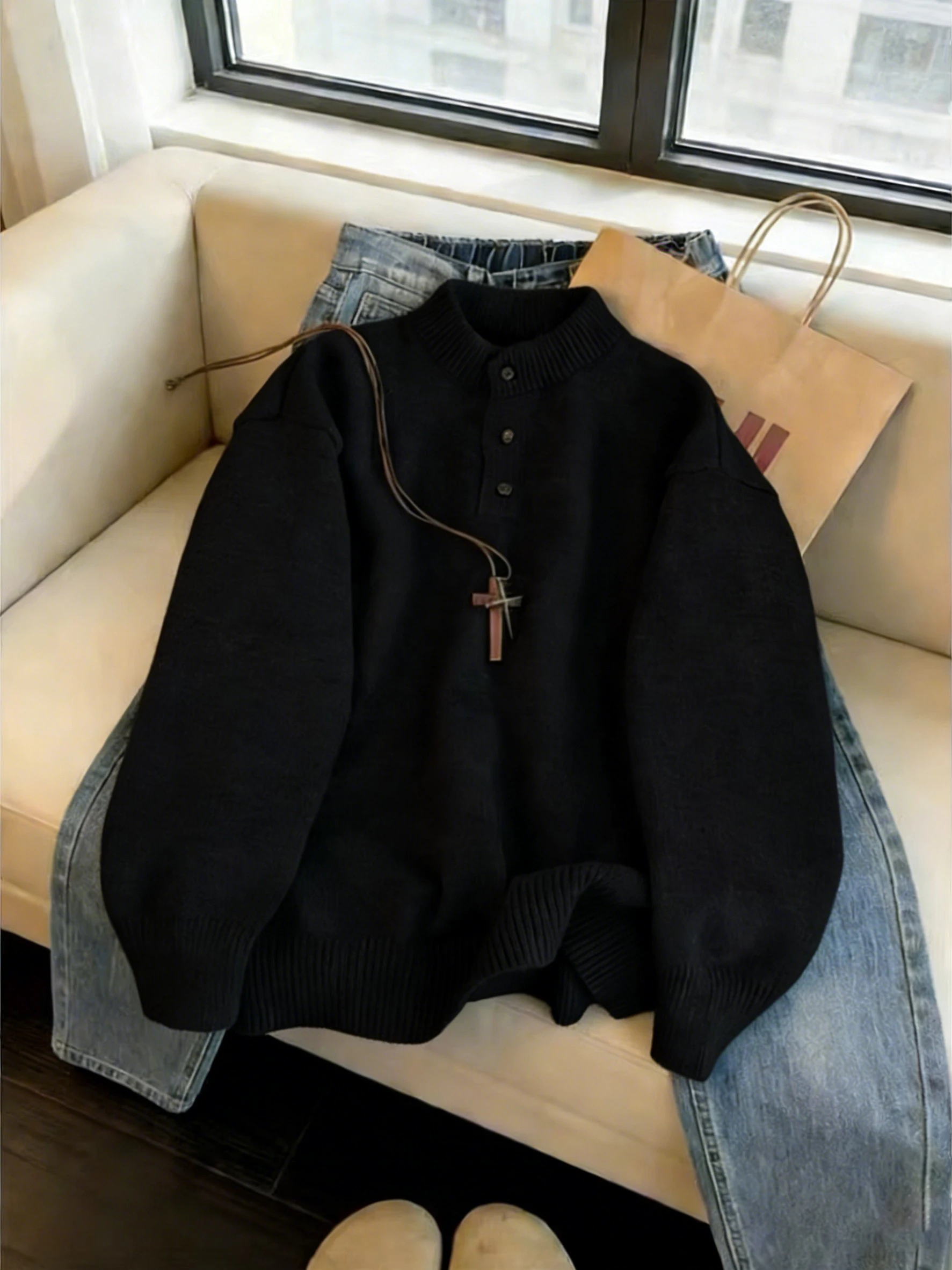 

Cleanfit Bla Henry Collar Sweater Men's Winter Lazy Sle Knitted irt Casual Long Sve Button up Inner Wear Base Layer