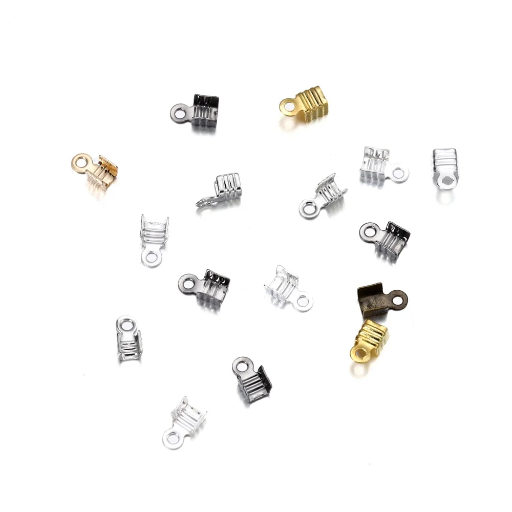 200Pcs 3 4 5 8mm Gold Cord End Tip Fold Over Three-wire Clasp Crimp Bead Connector For DIY Jewelry Making Finding Buckle Supply