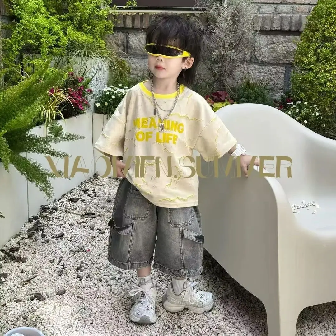 

Summer Boys Letter 2Pcs TShirt Top+Retro denim shorts Suit Children Outfit Fashion Casual Sets Handsome Streetwear Clothes