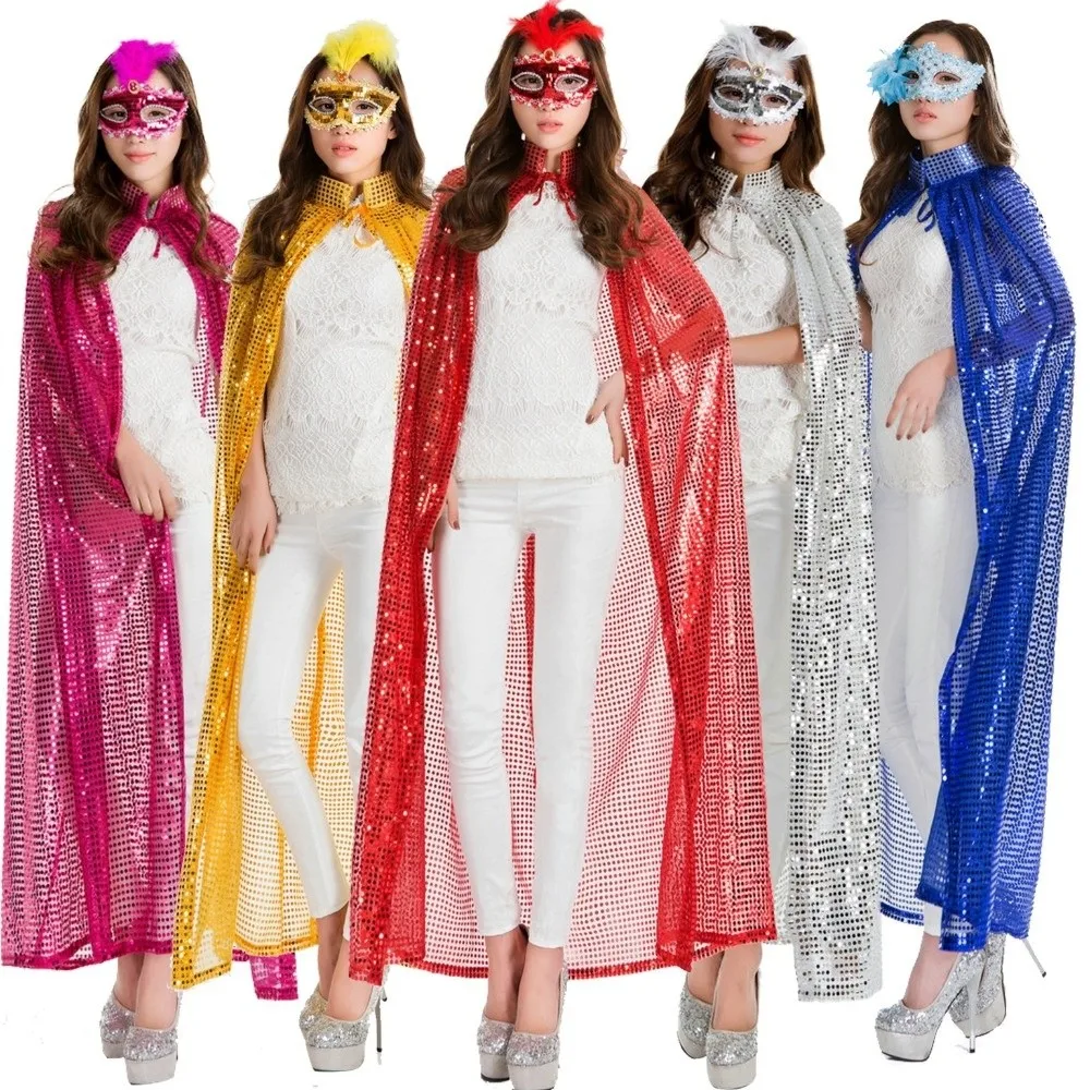 New Long Shiny Sequin Cape Fantasy Vintage Halloween Cosplay Robe Stand Collar Lightweight Shiny Cloak Women