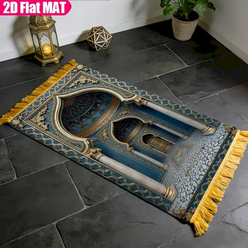 VIKAMA Blue 3D Arch Column Mat, Mosque Interior Islamic Muslim Prayer Rug, Boho Bedroom Living Living Room Rug