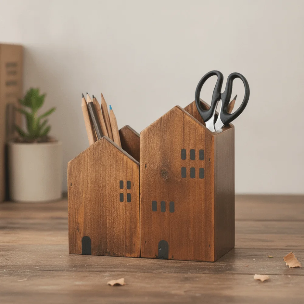 2PCS Cute Wooden House Shape Pen Container Cartoon Polished Surface Makeup Brush Storage Box Vintage Desktop Organizer Student