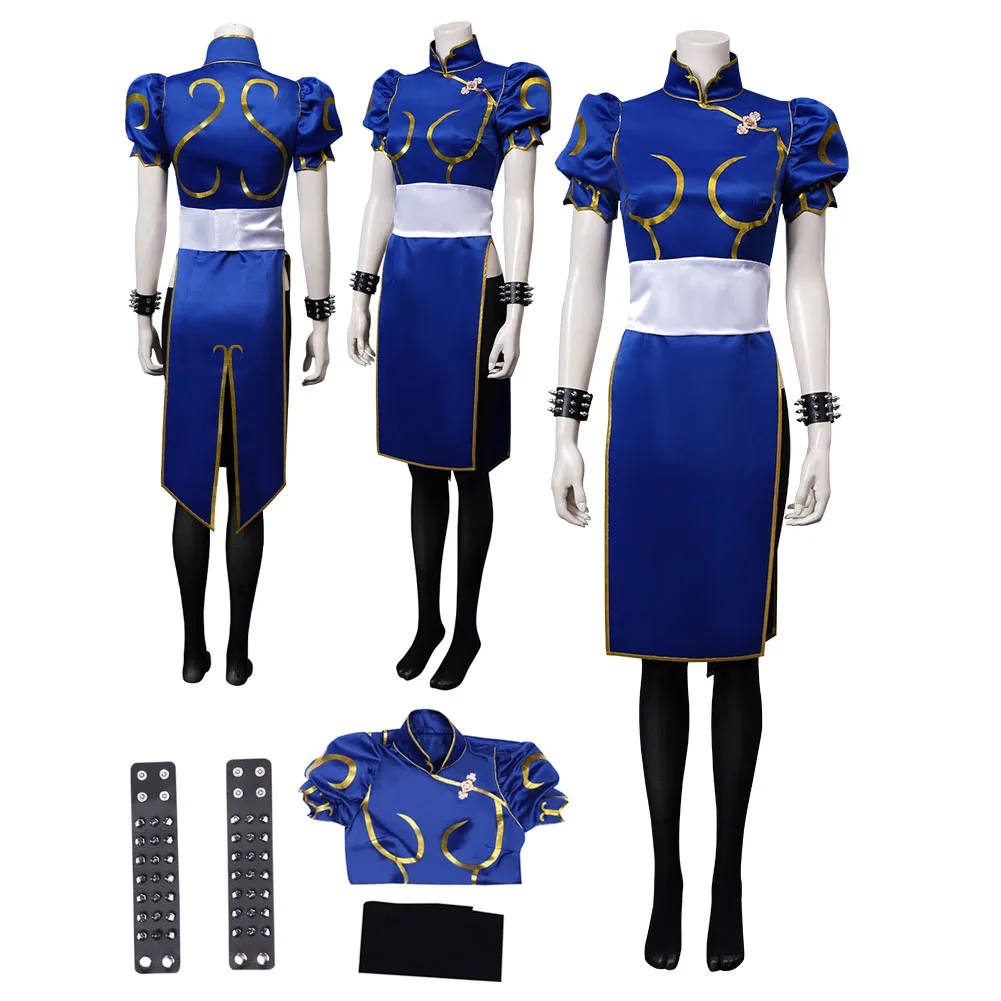 

Chun Li Cosplay Dress Costume Game Role Play Blue Skirts Outfit Women Female Halloween Carnival Disguise Suit For Lady Girls