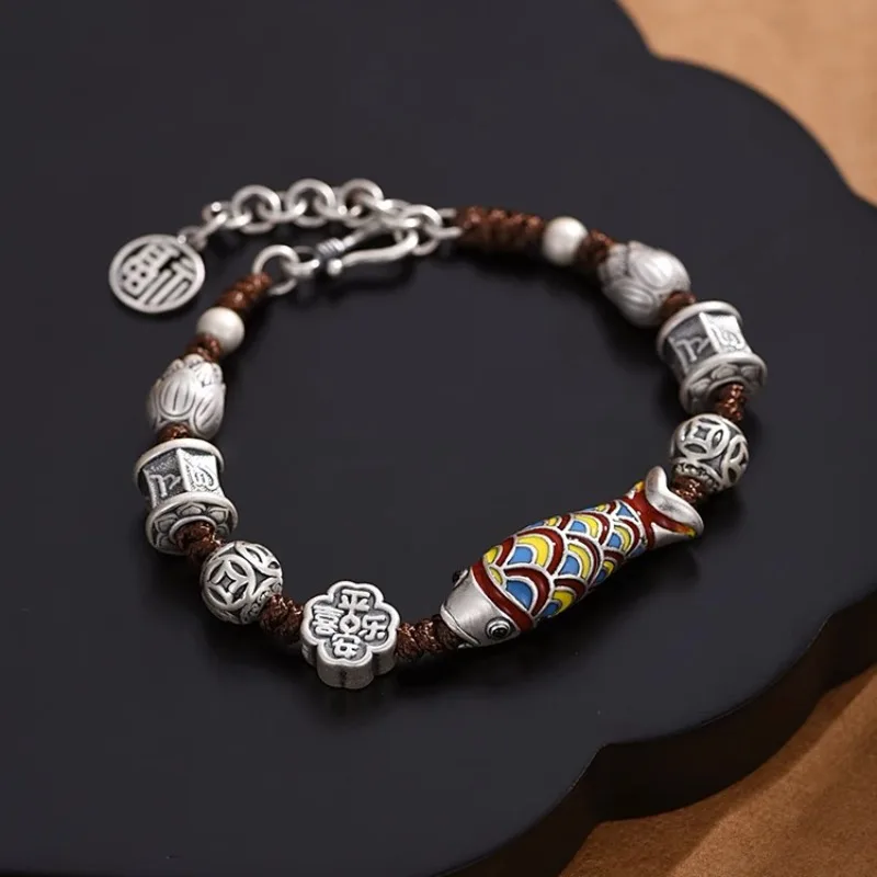 

HX Silver Color Enamel Koi Bracelet Men's and Women's Vintage Ethnic Style Woven Shore Handrope Fashion Jewelry Accessories