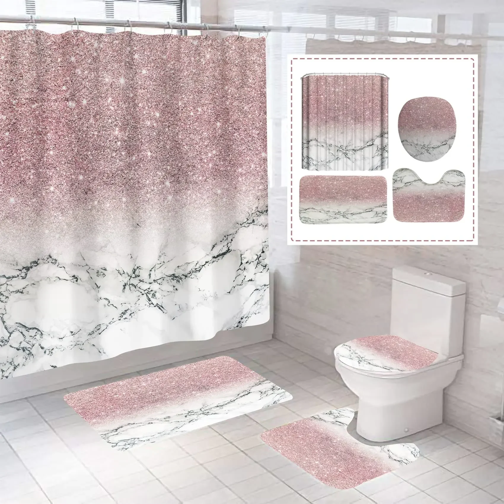

Flash Pink Marble Shower Curtains Shiny Decor for Bathroom Polyester Fabric Decorative Bath Screen Toilet Cover Carpet WC Sets
