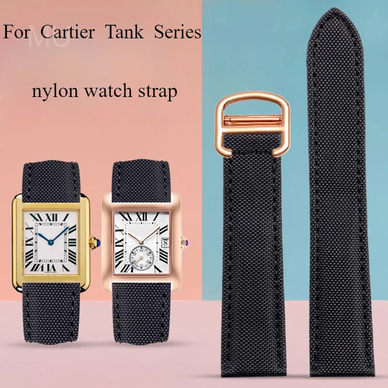

Аксессуары для часов с плоским интерфейсом, черный 18 20 мм для Cartier Tank Black Bay London, складная пряжка, дышащий нейлоновый холщовый ремешок