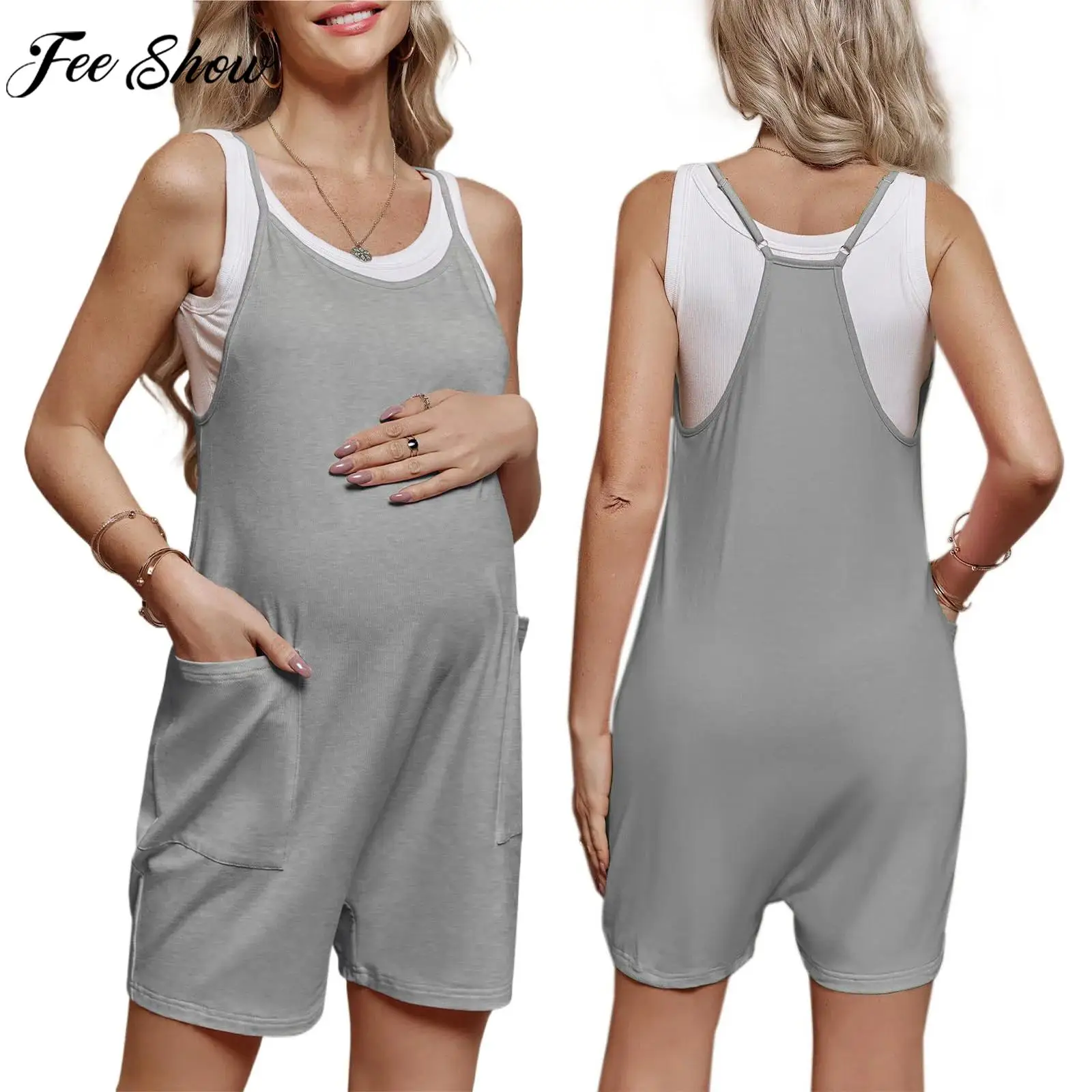 Pregnant Women Summer Overalls Shorts Jumpsuit Sleeveless Stretchy Casual Bodysuit with Pocket Streetwear Sleepwear Homewear