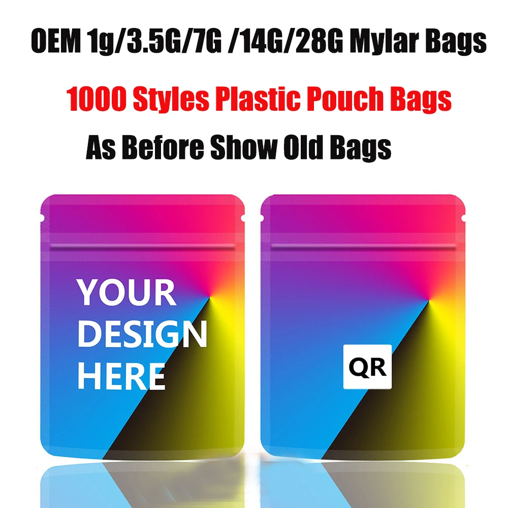 Sac Mylar en Mylar, plus de 1000 modèles, 1G, 3.5G, 7G, 14G, 28G, pochettes d'emballage en plastique, doux au toucher, anti-odeur, paquet cadeau holographique spécial OEM