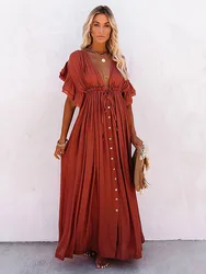 Sexy Solid Tunic Beach Dress Women Bikini Cover-ups Pareo Holiday Outing Fashion Long Dresses 2023 Summer Swimwear Beachwear