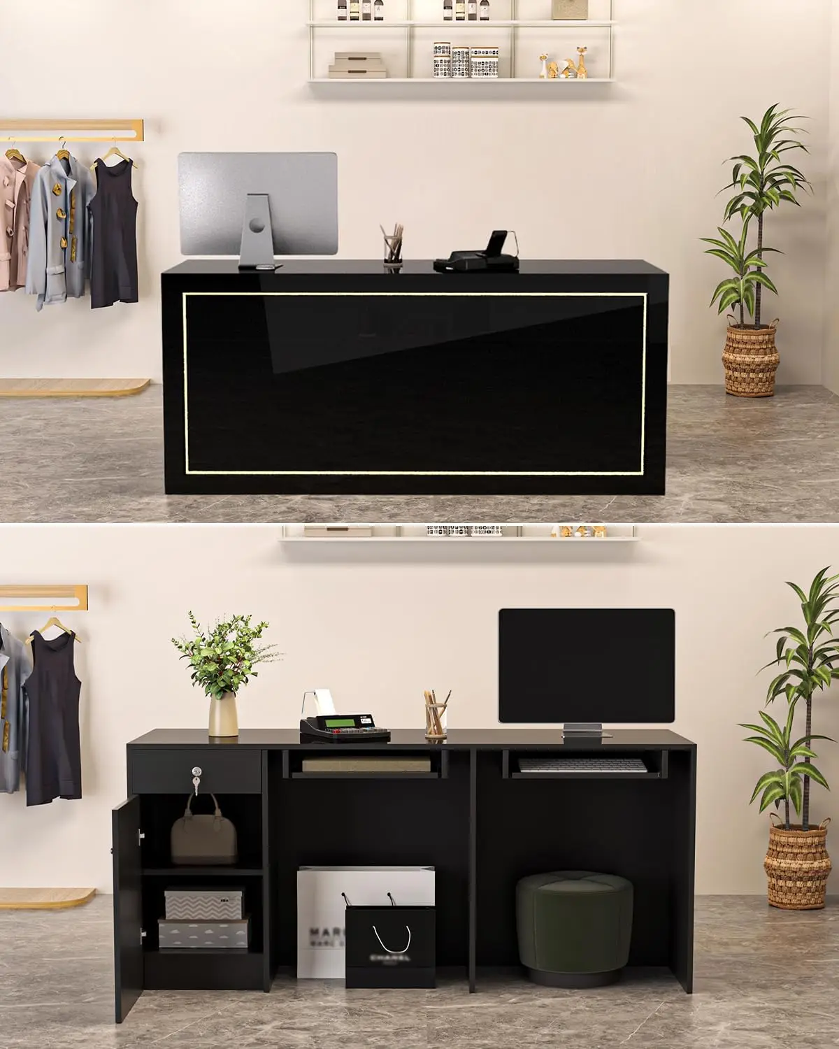 Black Reception Desk with Counter, Modern Solid Wood Front Reception Room Table Secretary Desk, Retail Counter for Checkout.