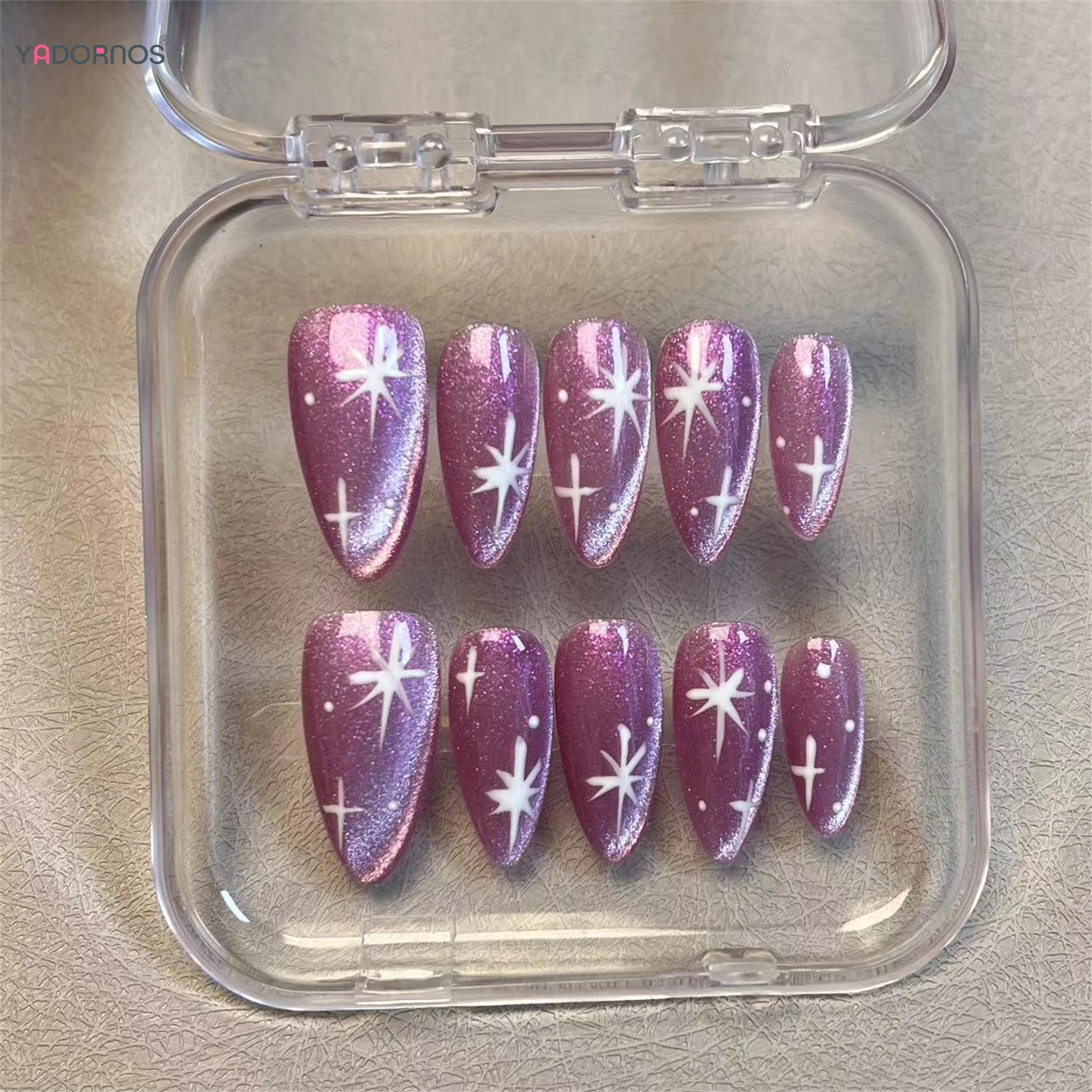 

10Pcs Rose Pink False Nails Handmade Almond Cat's Eye Press On Nail With Star Designs Full Cover Fashion Wearable Manicure